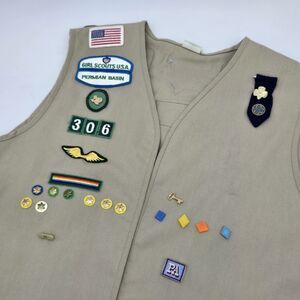 Vintage Girl Scout Cadette Senior Khaki Vest Large Brown Loaded Y2K Patches Pins